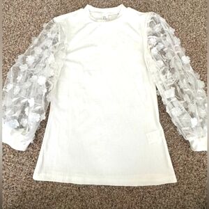 White‎ Top  with Sheer Floral Puffy Sleeves Size Medium